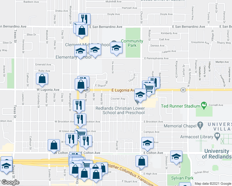 map of restaurants, bars, coffee shops, grocery stores, and more near 426 East Lugonia Avenue in Redlands