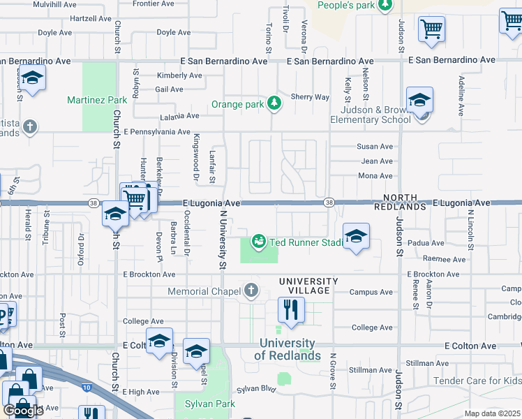 map of restaurants, bars, coffee shops, grocery stores, and more near 1249 Edwards Street in Redlands