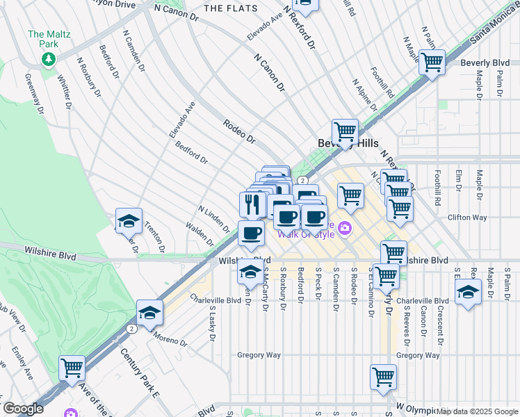 map of restaurants, bars, coffee shops, grocery stores, and more near 14824 burbank Boulevard in Beverly Hills