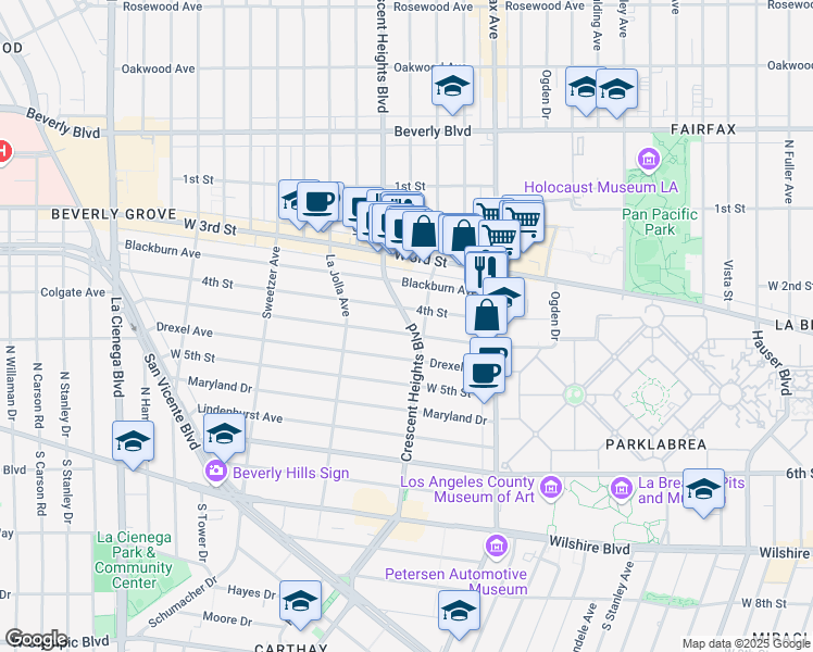 map of restaurants, bars, coffee shops, grocery stores, and more near 6401 Colgate Avenue in Los Angeles