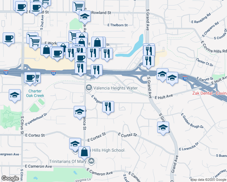 map of restaurants, bars, coffee shops, grocery stores, and more near 3228 Edgewood Road in West Covina