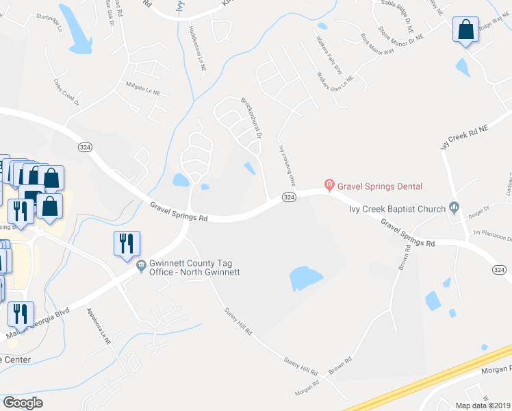 map of restaurants, bars, coffee shops, grocery stores, and more near 3013 Georgia 324 in Buford