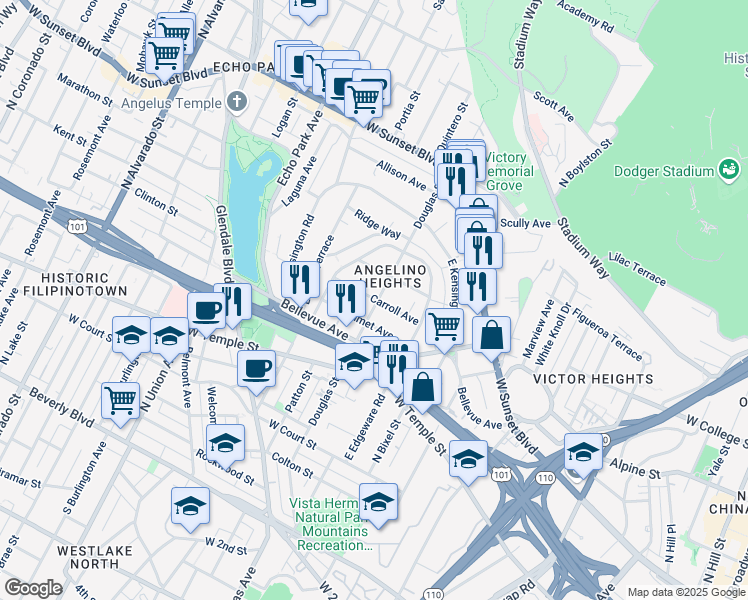 map of restaurants, bars, coffee shops, grocery stores, and more near 715 Douglas Street in Los Angeles