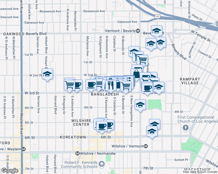 map of restaurants, bars, coffee shops, grocery stores, and more near 250 South Kenmore Avenue in Los Angeles
