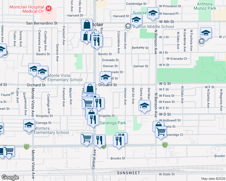 map of restaurants, bars, coffee shops, grocery stores, and more near 5420 Fauna Street in Montclair
