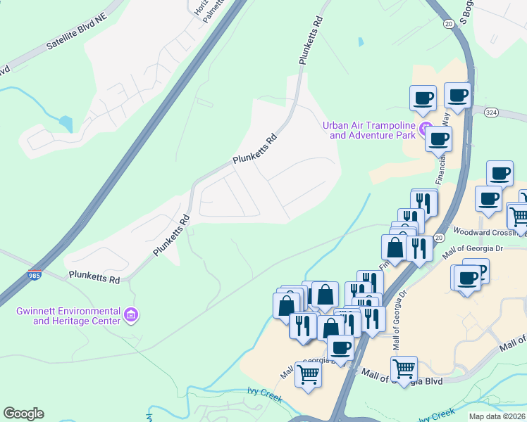 map of restaurants, bars, coffee shops, grocery stores, and more near 3208 Woodward Down Trail in Buford