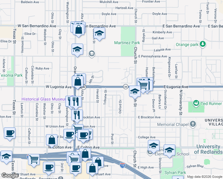 map of restaurants, bars, coffee shops, grocery stores, and more near 426 East Lugonia Avenue in Redlands