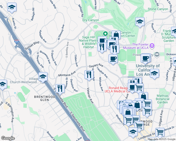 map of restaurants, bars, coffee shops, grocery stores, and more near 416 Veteran Avenue in Los Angeles