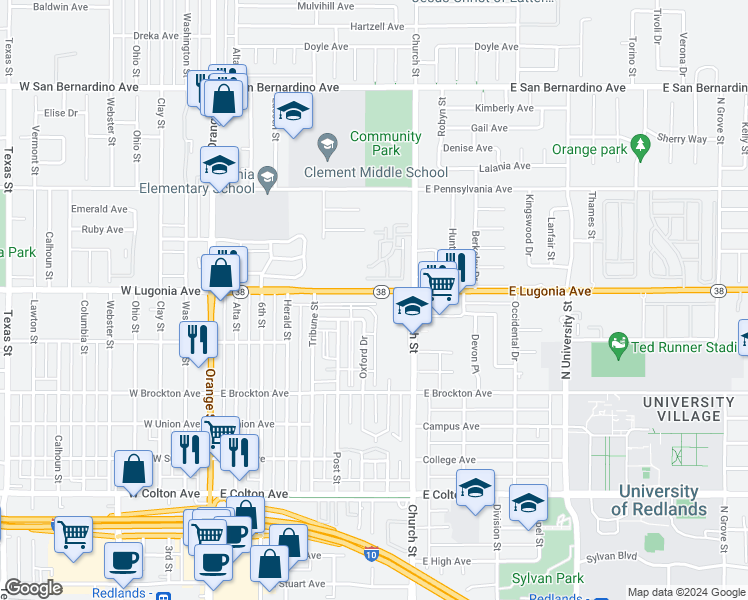 map of restaurants, bars, coffee shops, grocery stores, and more near 610 East Lugonia Avenue in Redlands