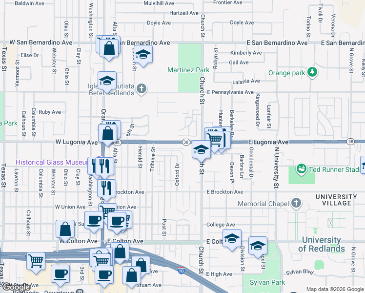map of restaurants, bars, coffee shops, grocery stores, and more near 610 East Lugonia Avenue in Redlands