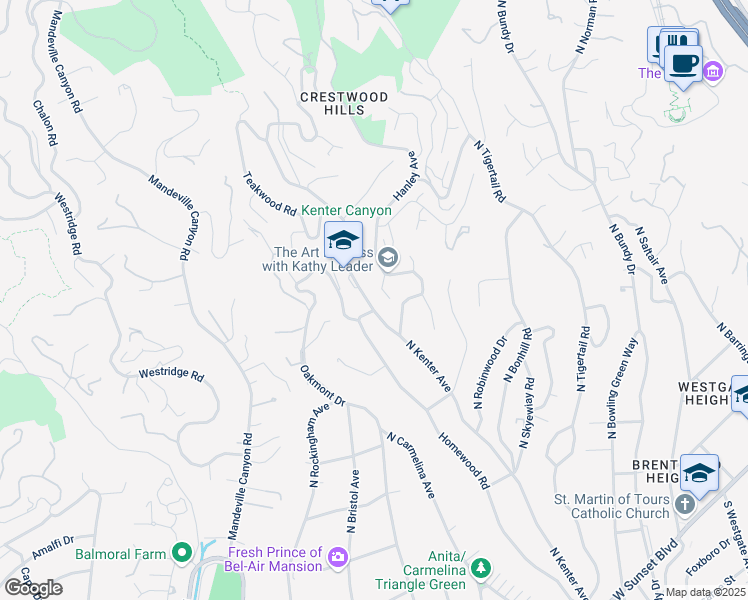 map of restaurants, bars, coffee shops, grocery stores, and more near 570 North Kenter Avenue in Los Angeles