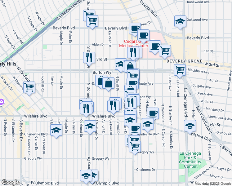 map of restaurants, bars, coffee shops, grocery stores, and more near 207 North Swall Drive in Beverly Hills
