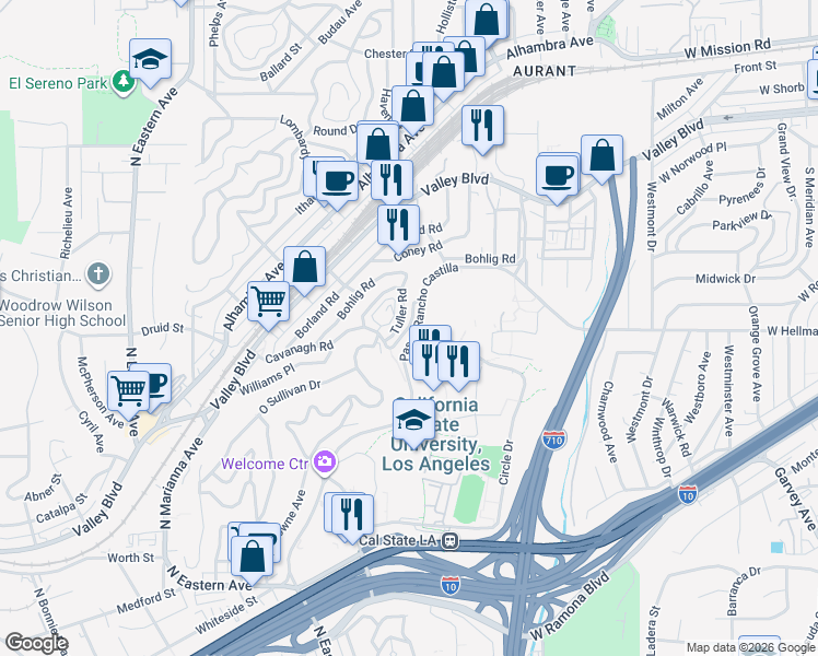 map of restaurants, bars, coffee shops, grocery stores, and more near 1854 Lansdowne Avenue in Los Angeles
