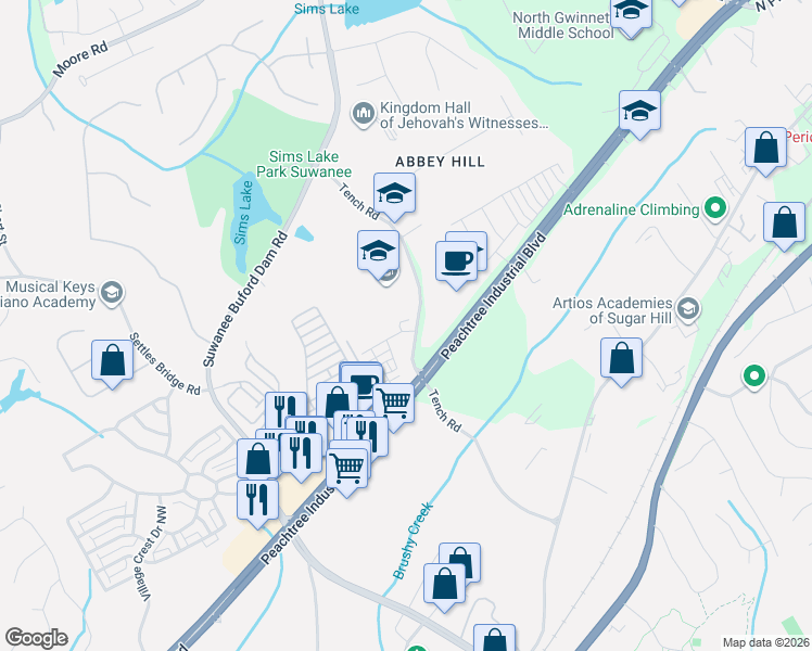 map of restaurants, bars, coffee shops, grocery stores, and more near 4564-4579 Tench Road in Suwanee