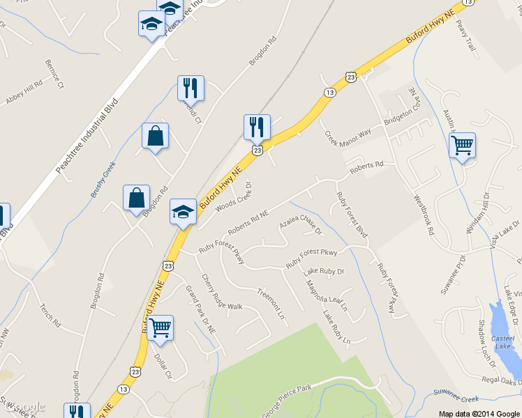 map of restaurants, bars, coffee shops, grocery stores, and more near 154 Roberts Rd in Suwanee