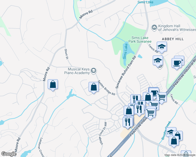 map of restaurants, bars, coffee shops, grocery stores, and more near 4480 Settles Bridge Rd in Suwanee