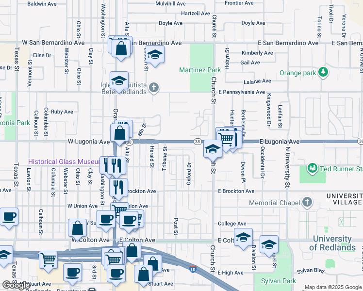 map of restaurants, bars, coffee shops, grocery stores, and more near 512 East Lugonia Avenue in Redlands