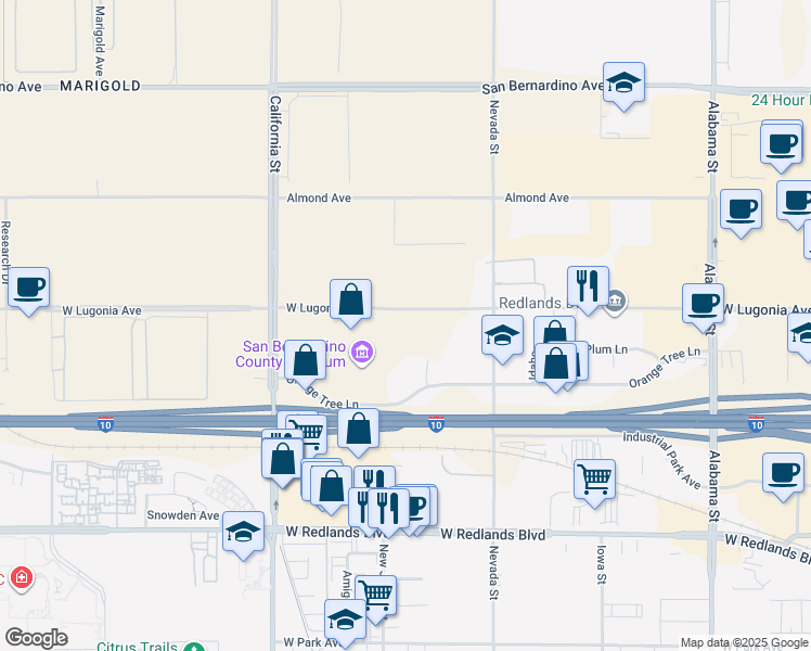 map of restaurants, bars, coffee shops, grocery stores, and more near 1981 West Lugonia Avenue in Redlands