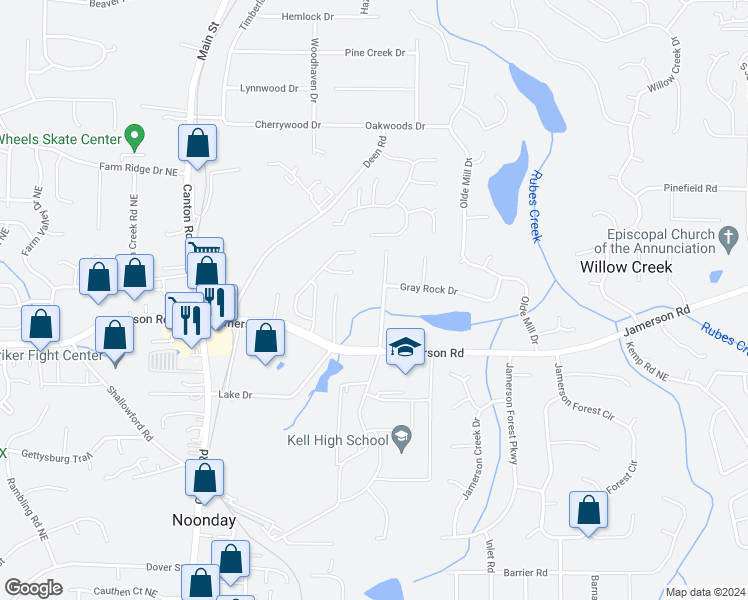 map of restaurants, bars, coffee shops, grocery stores, and more near 4881 Rockwood Drive in Marietta
