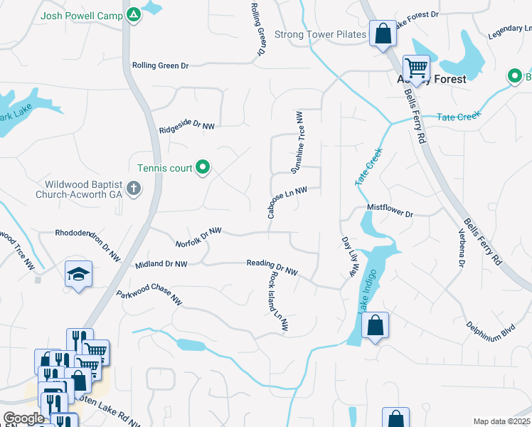 map of restaurants, bars, coffee shops, grocery stores, and more near 4831 Caboose Lane Northwest in Acworth