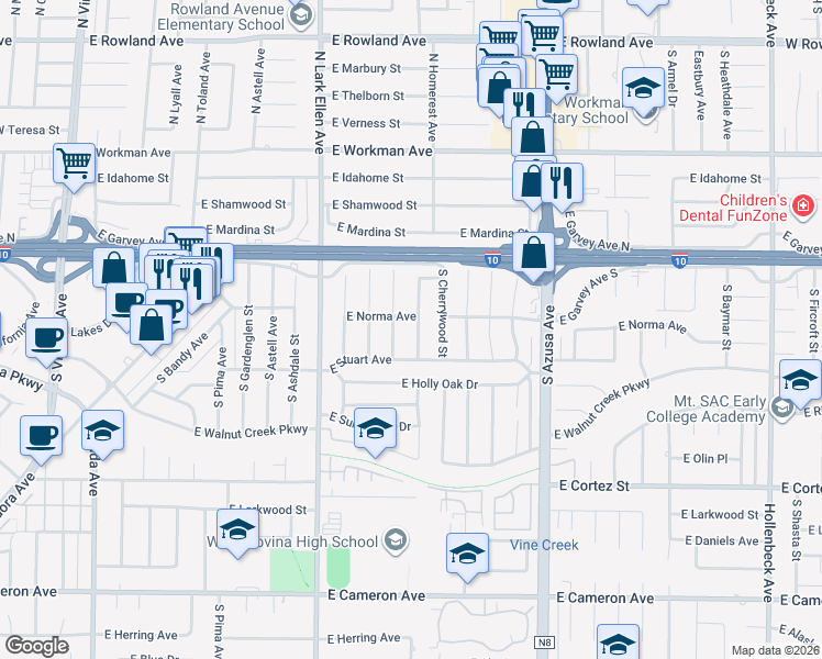 map of restaurants, bars, coffee shops, grocery stores, and more near 218 South Butterfield Road in West Covina