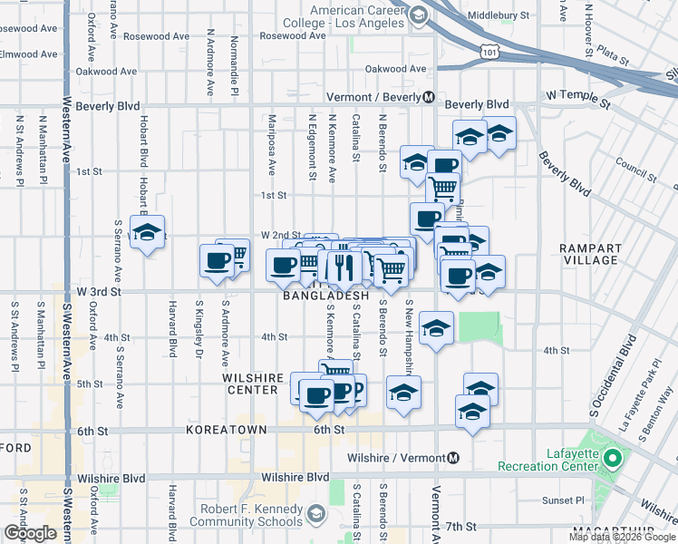 map of restaurants, bars, coffee shops, grocery stores, and more near 250 South Kenmore Avenue in Los Angeles