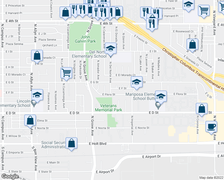 map of restaurants, bars, coffee shops, grocery stores, and more near 616 North Del Norte Avenue in Ontario