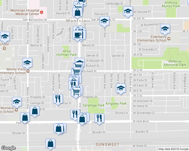 map of restaurants, bars, coffee shops, grocery stores, and more near 5420 Fauna Street in Montclair