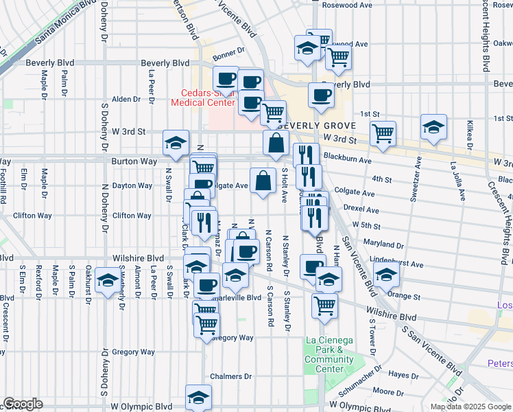 map of restaurants, bars, coffee shops, grocery stores, and more near 488 South Willaman Drive in Los Angeles