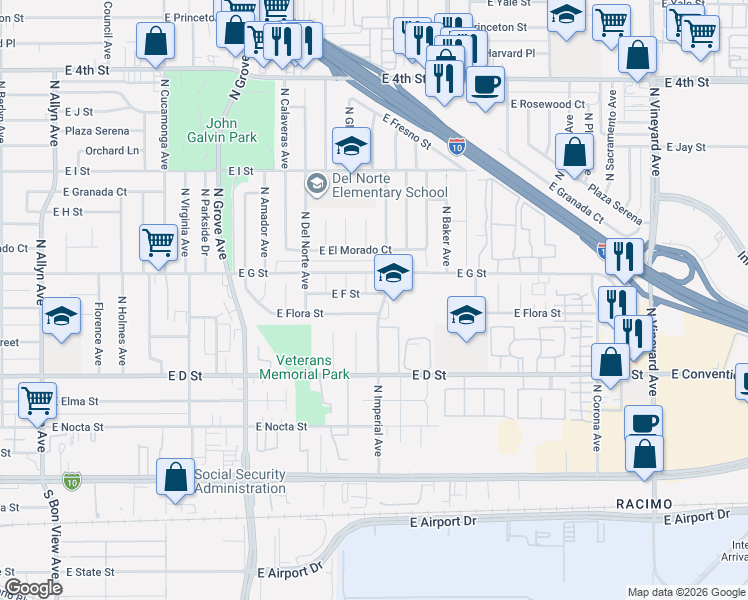 map of restaurants, bars, coffee shops, grocery stores, and more near 1389 East Flora Street in Ontario