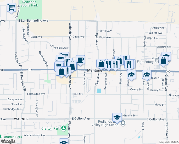 map of restaurants, bars, coffee shops, grocery stores, and more near 1780 Mentone Boulevard in Mentone