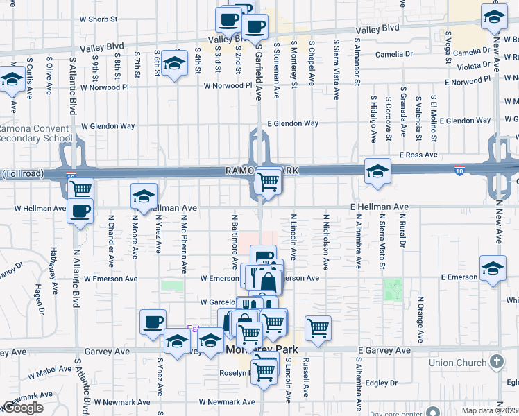 map of restaurants, bars, coffee shops, grocery stores, and more near South Garfield Avenue & West Hellman Avenue in Monterey Park