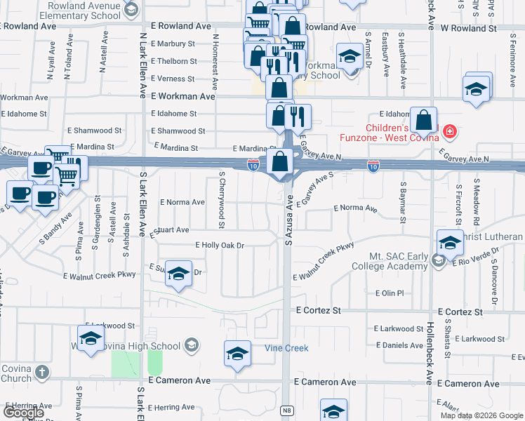 map of restaurants, bars, coffee shops, grocery stores, and more near 209 South Homerest Avenue in West Covina