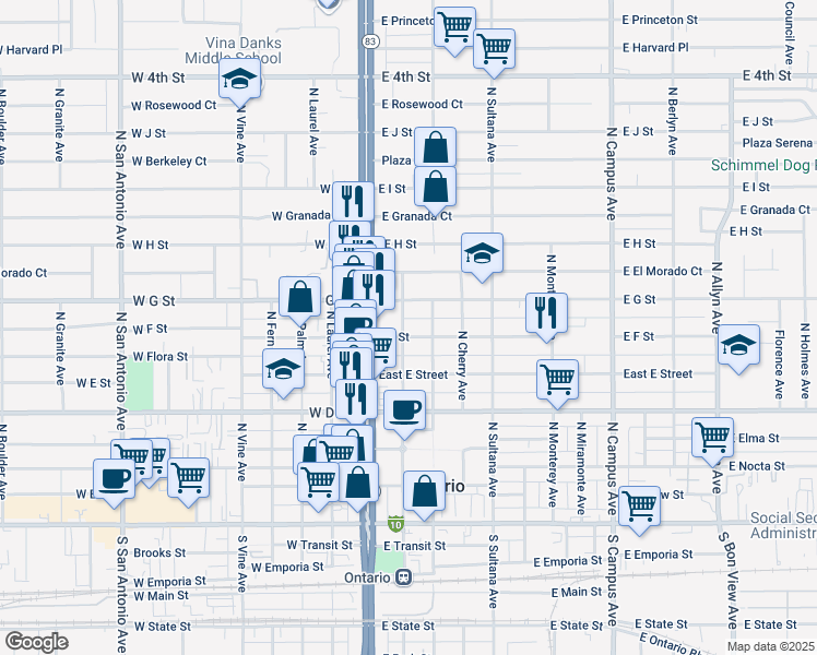 map of restaurants, bars, coffee shops, grocery stores, and more near 203 East F Street in Ontario