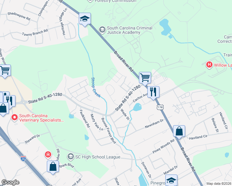 map of restaurants, bars, coffee shops, grocery stores, and more near 271 Wynn Way in Columbia