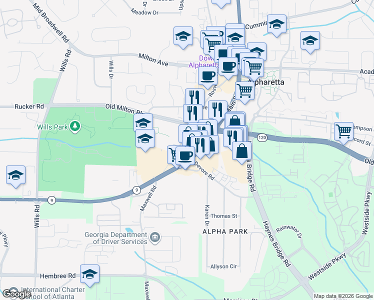 map of restaurants, bars, coffee shops, grocery stores, and more near 217 South Main Street in Alpharetta