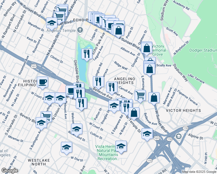 map of restaurants, bars, coffee shops, grocery stores, and more near 1445 Calumet Avenue in Los Angeles