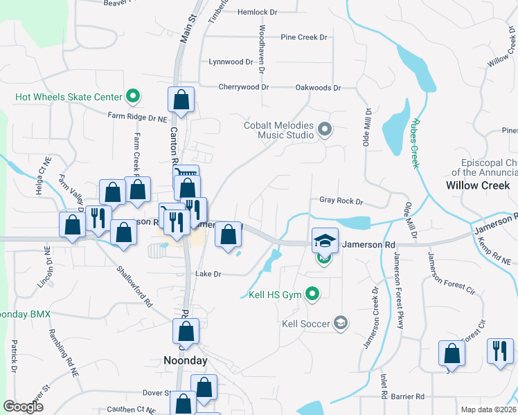 map of restaurants, bars, coffee shops, grocery stores, and more near 4830 Chapelle Court in Marietta