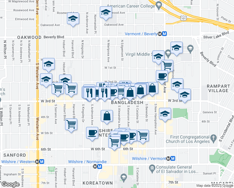 map of restaurants, bars, coffee shops, grocery stores, and more near 260 South Mariposa Avenue in Los Angeles