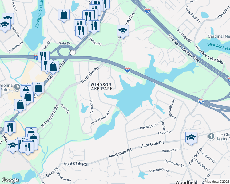 map of restaurants, bars, coffee shops, grocery stores, and more near 120 Windsor Point Road in Columbia
