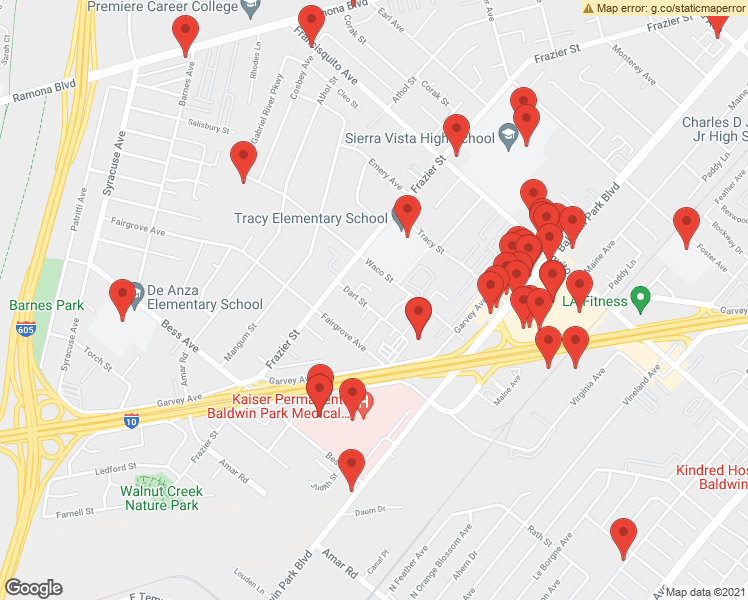 map of restaurants, bars, coffee shops, grocery stores, and more near 13137 Dart Street in Baldwin Park