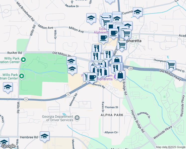 map of restaurants, bars, coffee shops, grocery stores, and more near 415 Mayfair Court in Alpharetta