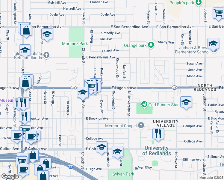 map of restaurants, bars, coffee shops, grocery stores, and more near 954 East Lugonia Avenue in Redlands