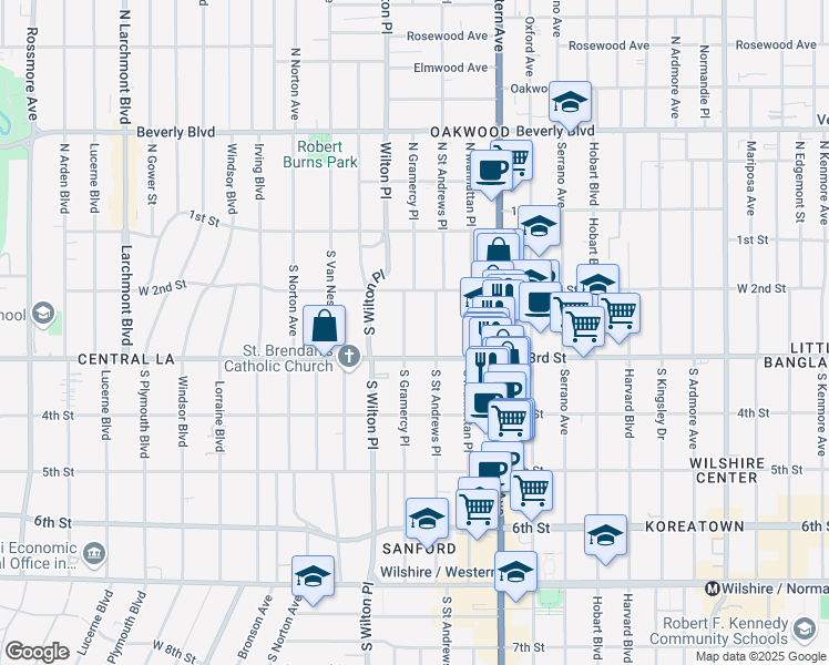 map of restaurants, bars, coffee shops, grocery stores, and more near 244 South Gramercy Place in Los Angeles