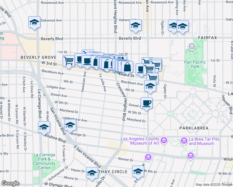 map of restaurants, bars, coffee shops, grocery stores, and more near 6429 Colgate Avenue in Los Angeles