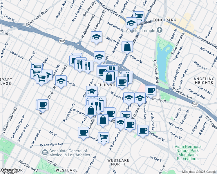 map of restaurants, bars, coffee shops, grocery stores, and more near 315 North Alvarado Street in Los Angeles