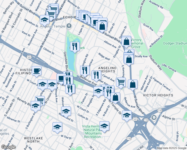 map of restaurants, bars, coffee shops, grocery stores, and more near 1445 Calumet Avenue in Los Angeles