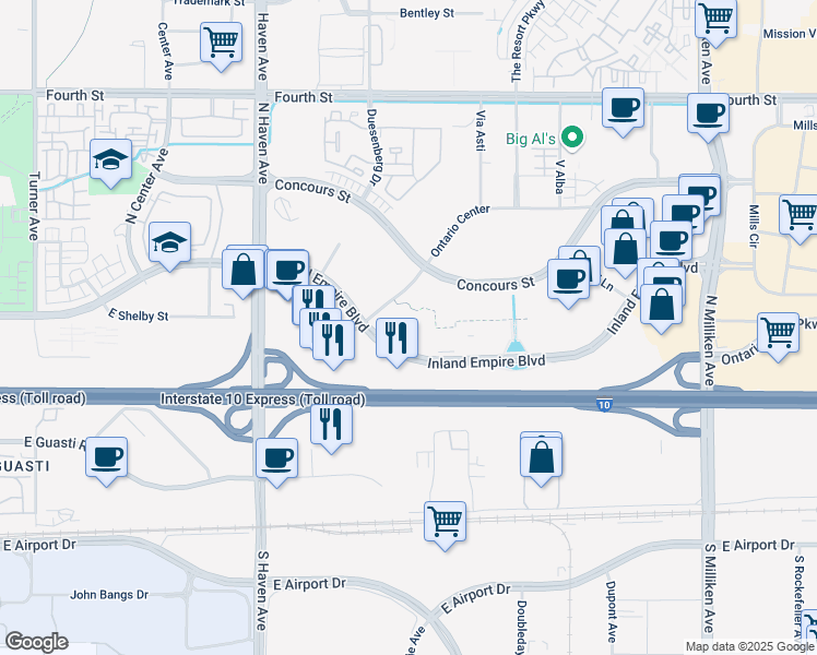 map of restaurants, bars, coffee shops, grocery stores, and more near 3633 Inland Empire Boulevard in Ontario