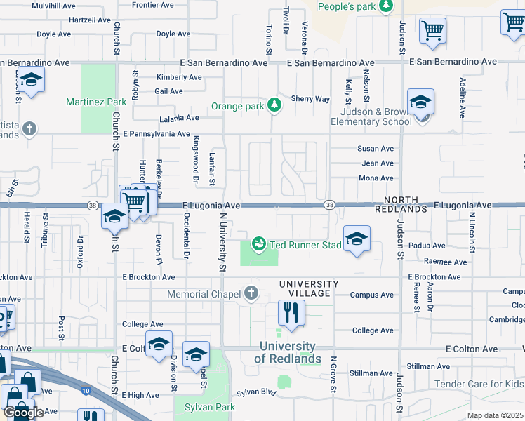 map of restaurants, bars, coffee shops, grocery stores, and more near 1249 Edwards Street in Redlands