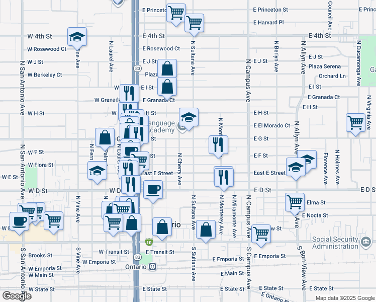 map of restaurants, bars, coffee shops, grocery stores, and more near 425 East F Street in Ontario